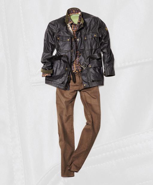 Belstaff Roadmaster coat, $595. Mason's Canclini flannel shirt, $265. AG Protégé jeans, $225.